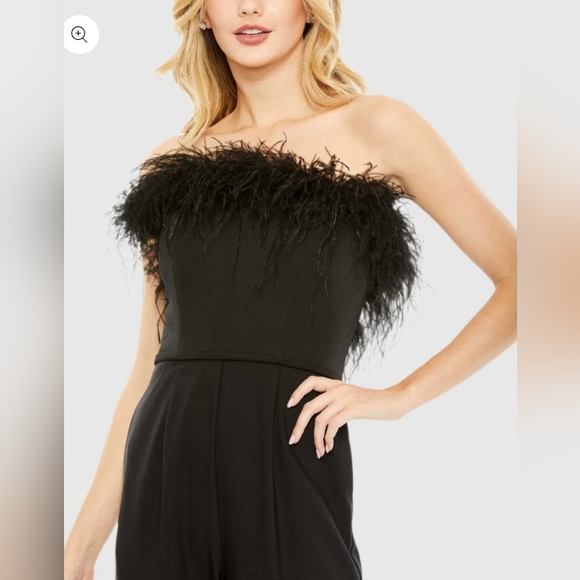 Ieena for Mac DuggalBlack Strapless Jumpsuit with Feather Trim 68146 SZ  6 NEW - Picture 2 of 11